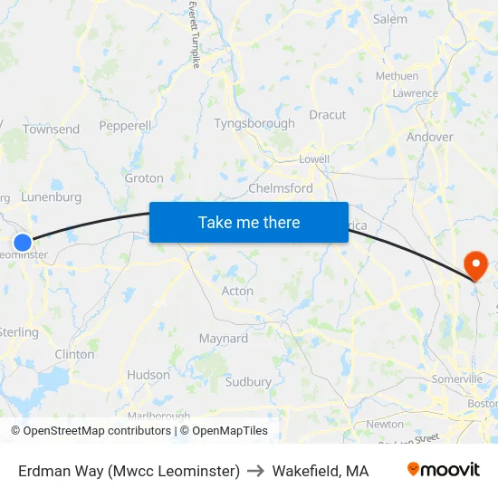 Erdman Way (Mwcc Leominster) to Wakefield, MA map