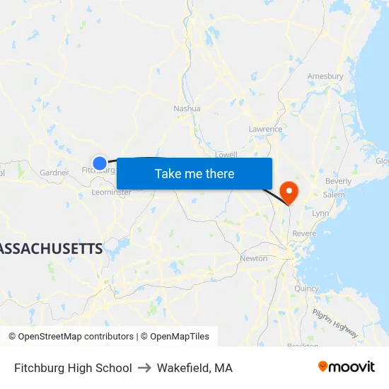 Fitchburg High School to Wakefield, MA map