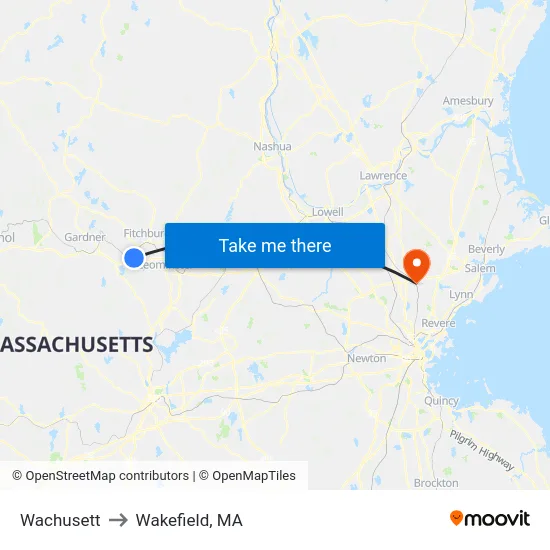 Wachusett to Wakefield, MA map