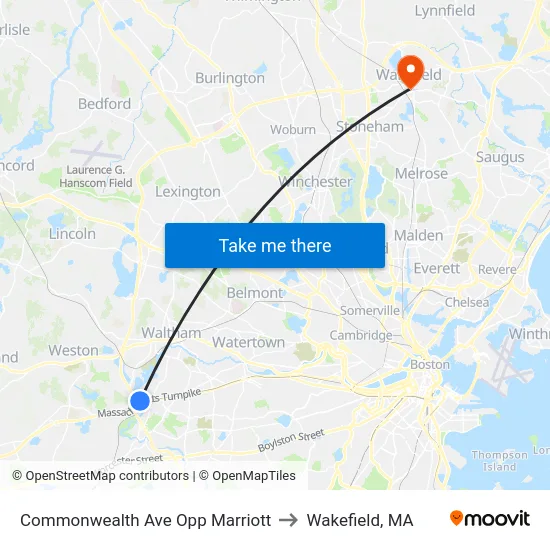 Commonwealth Ave Opp Marriott to Wakefield, MA map