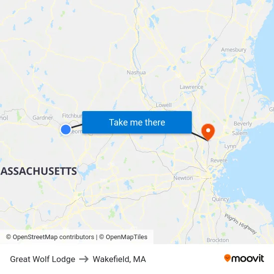 Great Wolf Lodge to Wakefield, MA map