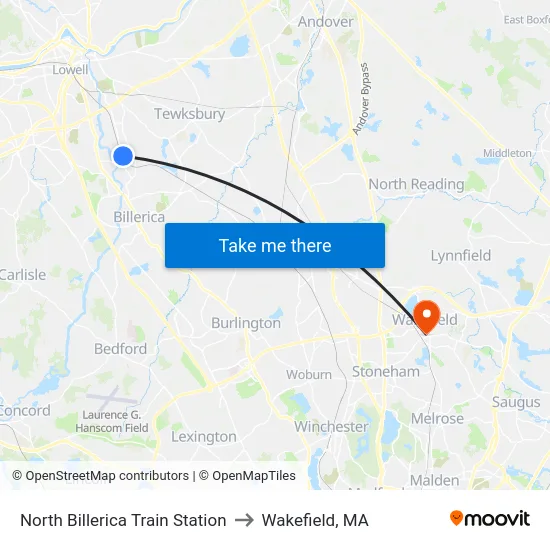 North Billerica Train Station to Wakefield, MA map