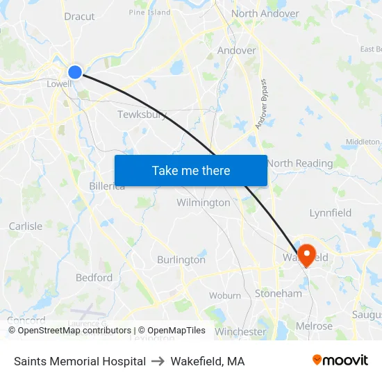 Saints Memorial Hospital to Wakefield, MA map