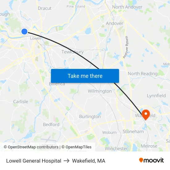 Lowell General Hospital to Wakefield, MA map