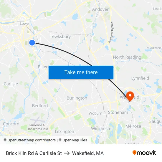 Brick Kiln Rd & Carlisle St to Wakefield, MA map