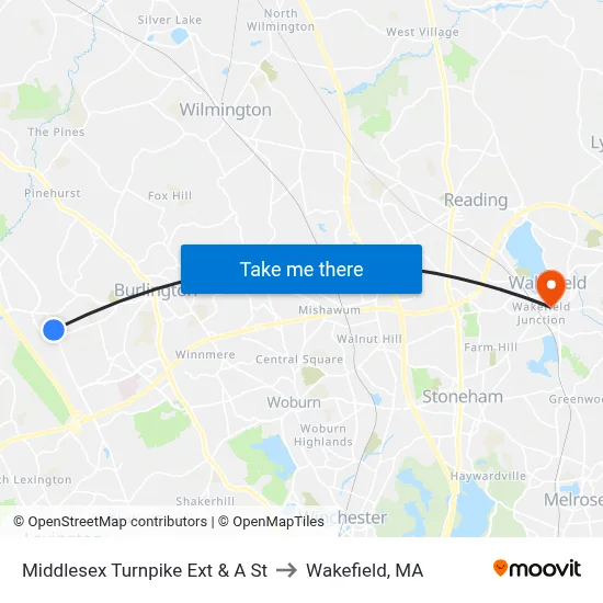 Middlesex Turnpike Ext & A St to Wakefield, MA map