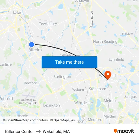 Billerica Center to Wakefield, MA map