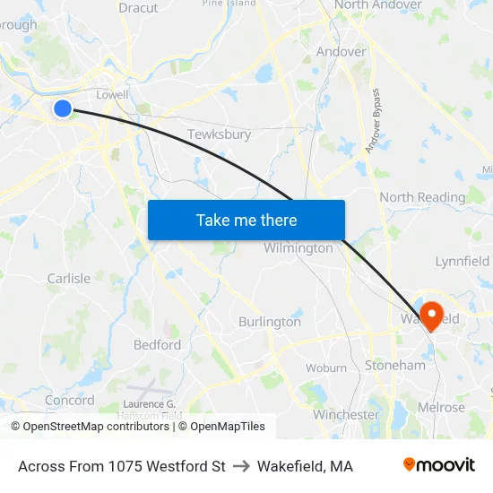 Across From 1075 Westford St to Wakefield, MA map