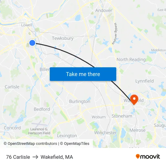 76 Carlisle to Wakefield, MA map