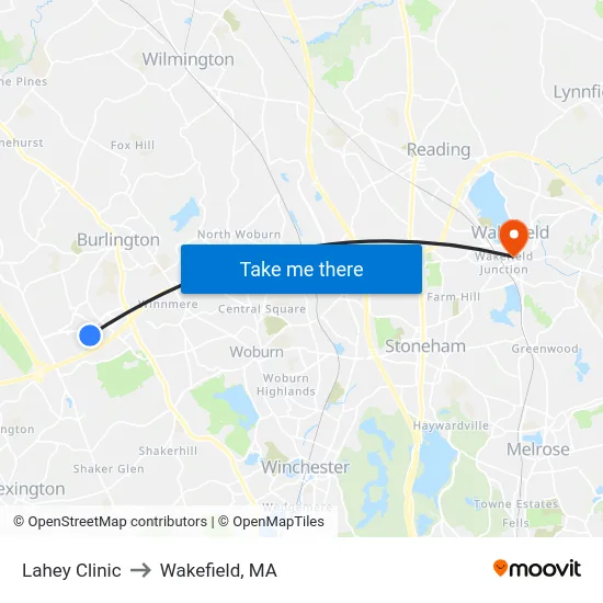 Lahey Clinic to Wakefield, MA map
