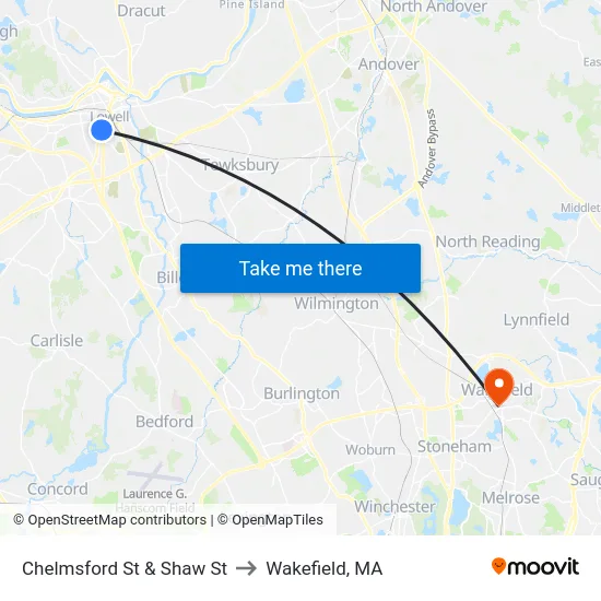 Chelmsford St & Shaw St to Wakefield, MA map