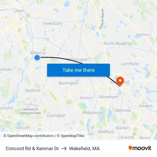 Concord Rd & Kenmar Dr to Wakefield, MA map