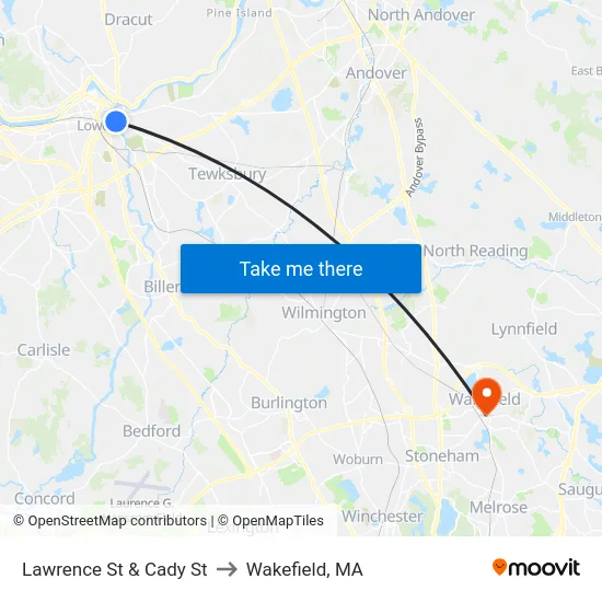 Lawrence St & Cady St to Wakefield, MA map