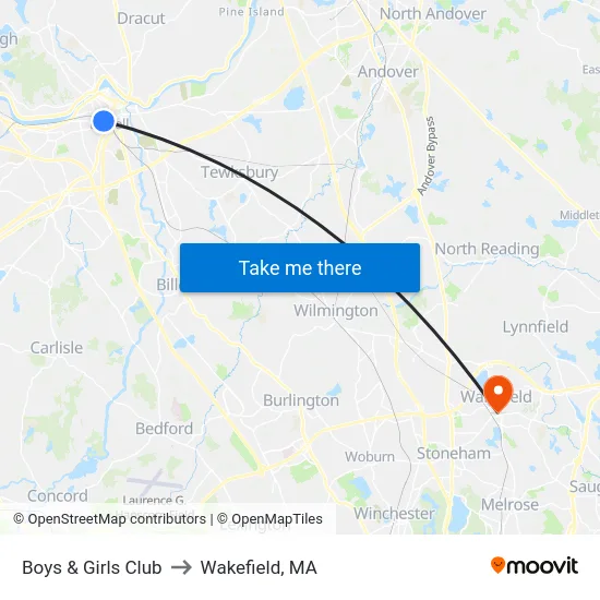 Boys & Girls Club to Wakefield, MA map