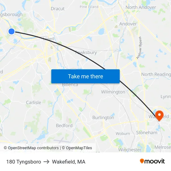 180 Tyngsboro to Wakefield, MA map