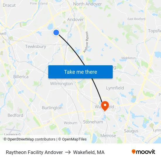 Raytheon Facility Andover to Wakefield, MA map