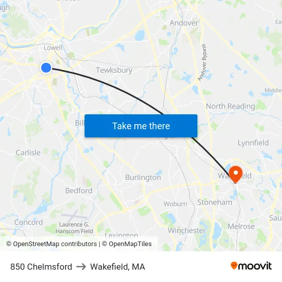 850 Chelmsford to Wakefield, MA map