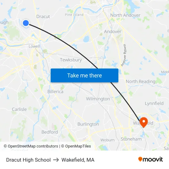 Dracut High School to Wakefield, MA map