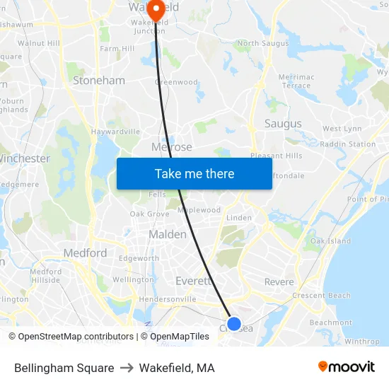 Bellingham Square to Wakefield, MA map