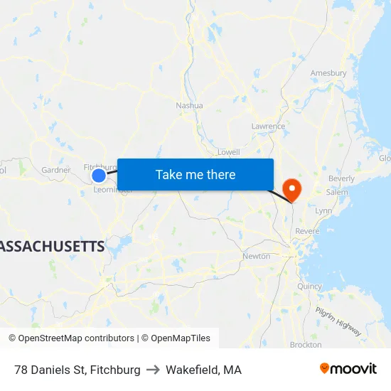 78 Daniels St, Fitchburg to Wakefield, MA map