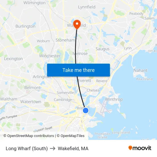 Long Wharf (South) to Wakefield, MA map