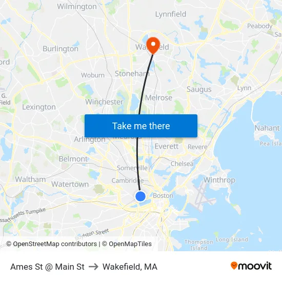Ames St @ Main St to Wakefield, MA map