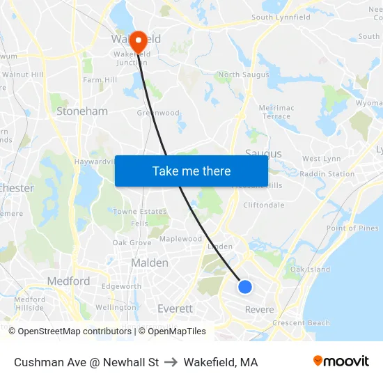 Cushman Ave @ Newhall St to Wakefield, MA map