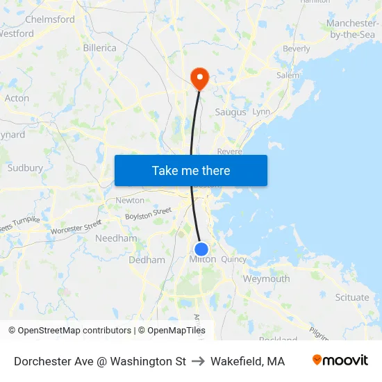 Dorchester Ave @ Washington St to Wakefield, MA map