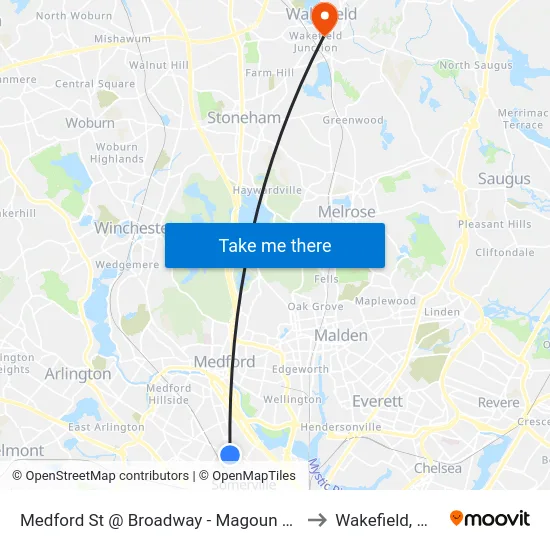 Medford St @ Broadway - Magoun Sq to Wakefield, MA map