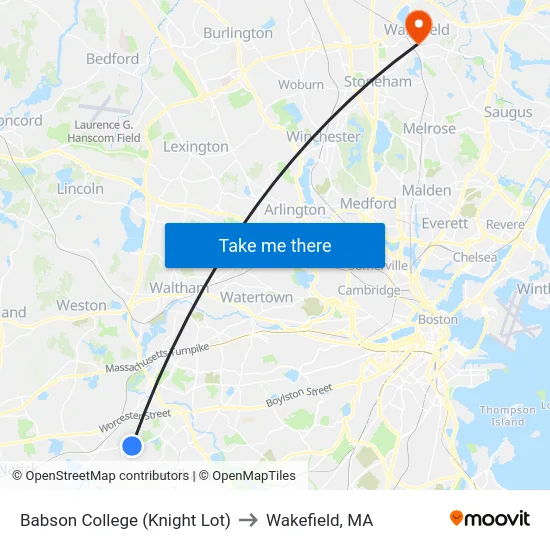Babson College (Knight Lot) to Wakefield, MA map