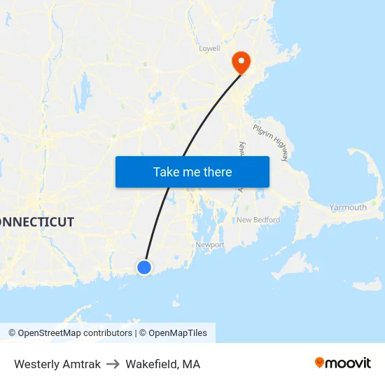Westerly Amtrak to Wakefield, MA map