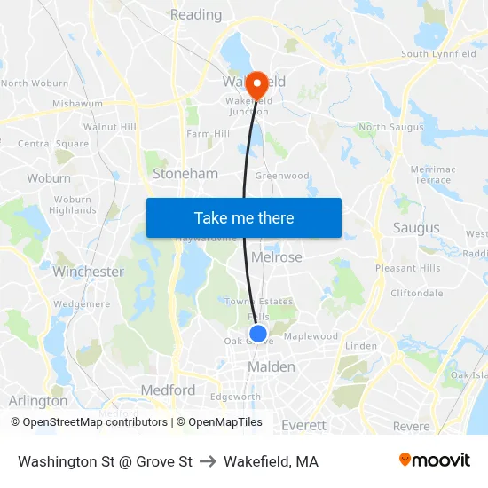 Washington St @ Grove St to Wakefield, MA map