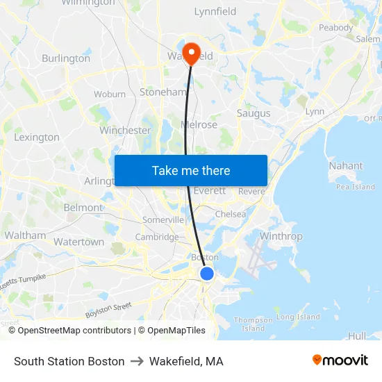 South Station Boston to Wakefield, MA map