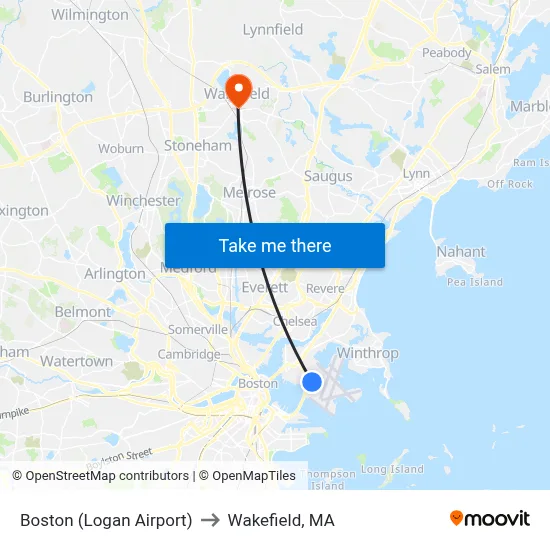 Boston (Logan Airport) to Wakefield, MA map
