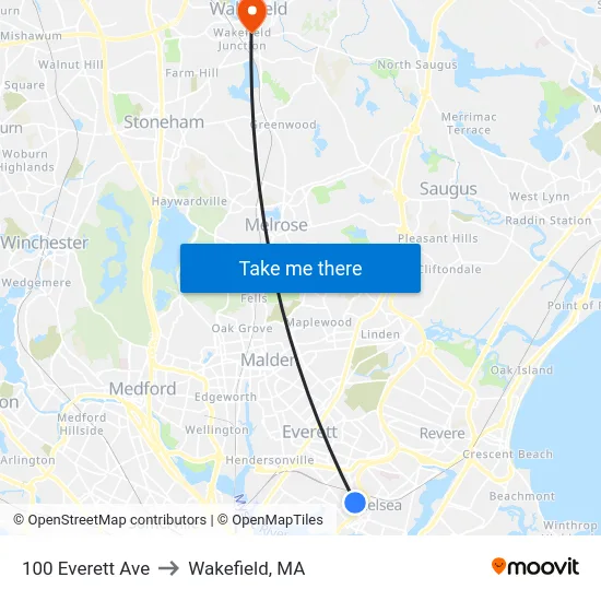 100 Everett Ave to Wakefield, MA map