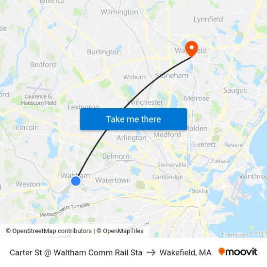 Carter St @ Waltham Comm Rail Sta to Wakefield, MA map
