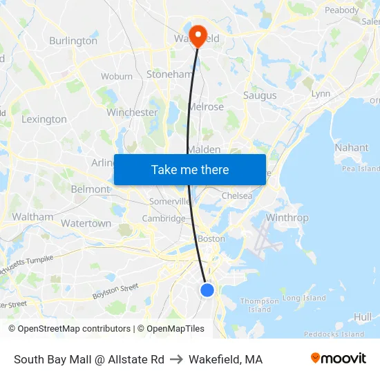 South Bay Mall @ Allstate Rd to Wakefield, MA map