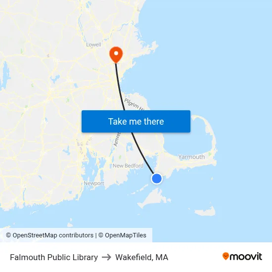Falmouth Public Library to Wakefield, MA map