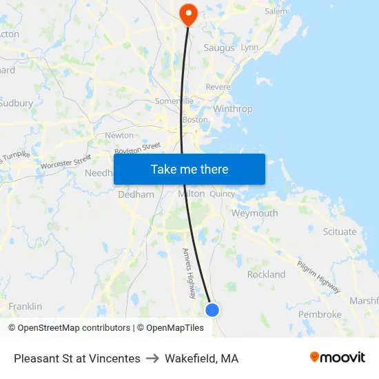 Pleasant St at Vincentes to Wakefield, MA map