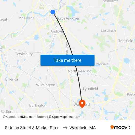 S Union Street & Market Street to Wakefield, MA map