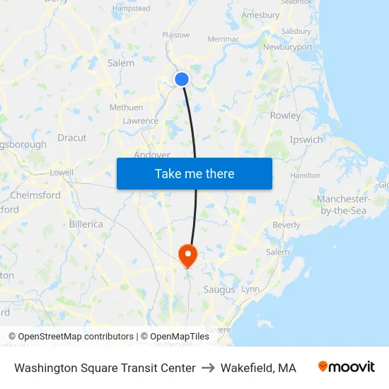Washington Square Transit Center to Wakefield, MA map