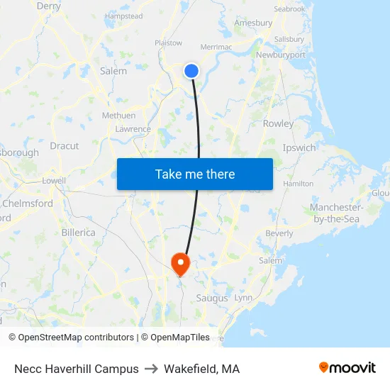 Necc Haverhill Campus to Wakefield, MA map