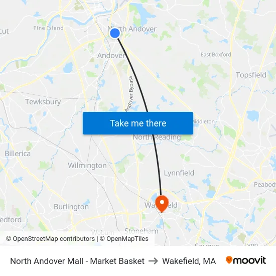North Andover Mall - Market Basket to Wakefield, MA map