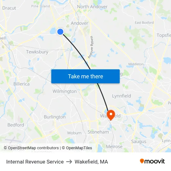 Internal Revenue Service to Wakefield, MA map