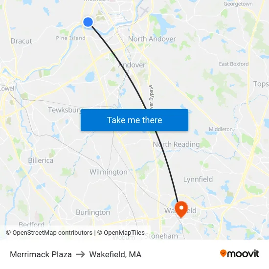 Merrimack Plaza to Wakefield, MA map