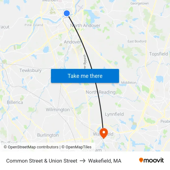 Common Street & Union Street to Wakefield, MA map