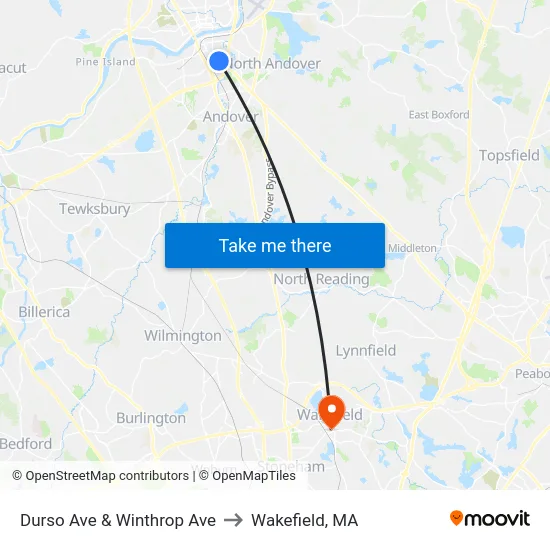 Durso Ave & Winthrop Ave to Wakefield, MA map