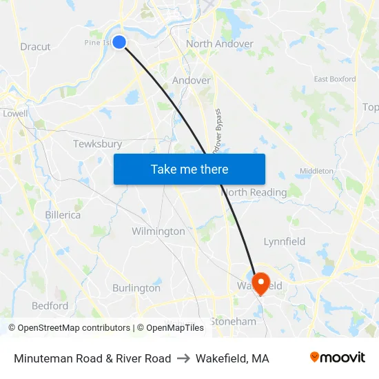 Minuteman Road & River Road to Wakefield, MA map