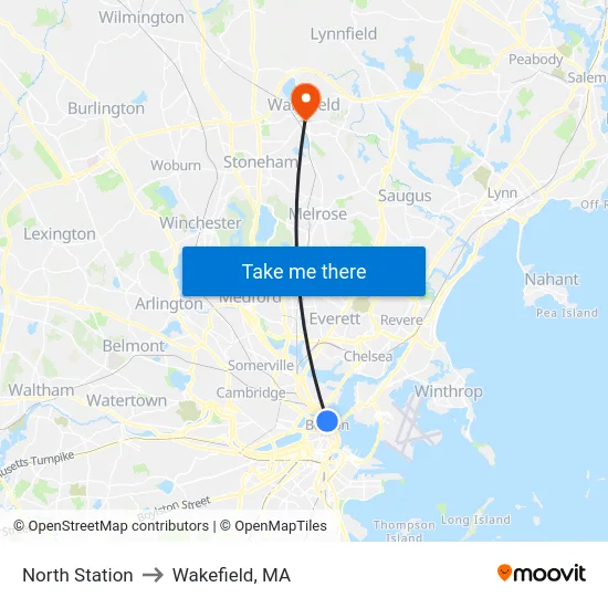 North Station to Wakefield, MA map