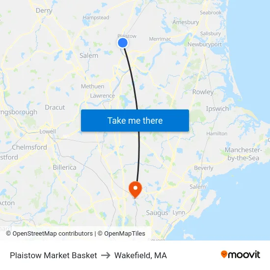Plaistow Market Basket to Wakefield, MA map